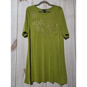 ANTTHONY Original Women L Green Beaded Floral Short Sleeve Tunic Dress